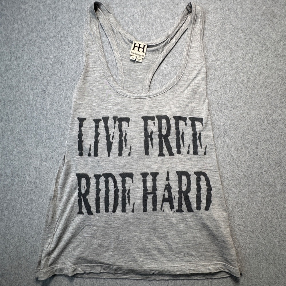 Haute Hippie Graphic Tank Top Racerback Live Free Ride Hard Gray Modal XS USA